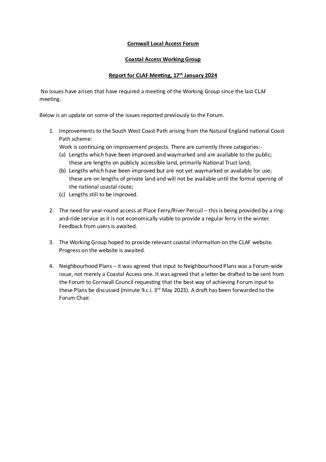 Coastal Access WG report to CLAF 01-2024